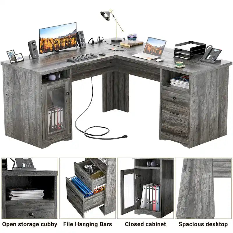 L-Shaped Desk with File Cabinet & Drawers | Grey Oak / Grey Walnut / Red Oak / Black / Rustic Brown / White | 1-Person