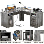 L-Shaped Desk with File Cabinet & Drawers | Grey Oak / Grey Walnut / Red Oak / Black / Rustic Brown / White | 1-Person