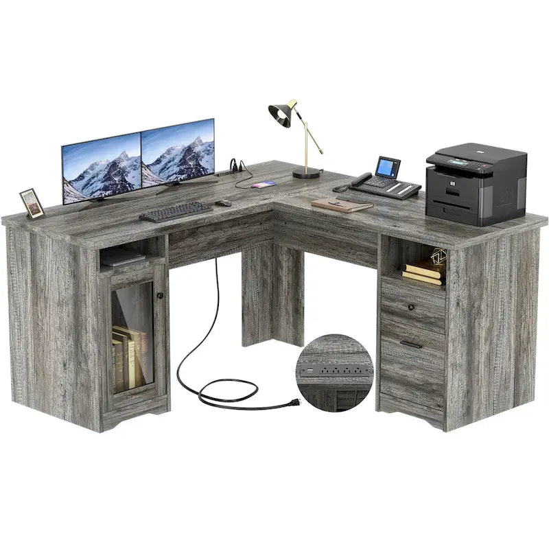 L-Shaped Desk with File Cabinet & Drawers | Grey Oak / Grey Walnut / Red Oak / Black / Rustic Brown / White | 1-Person