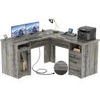 L-Shaped Desk with File Cabinet & Drawers | Grey Oak / Grey Walnut / Red Oak / Black / Rustic Brown / White | 1-Person