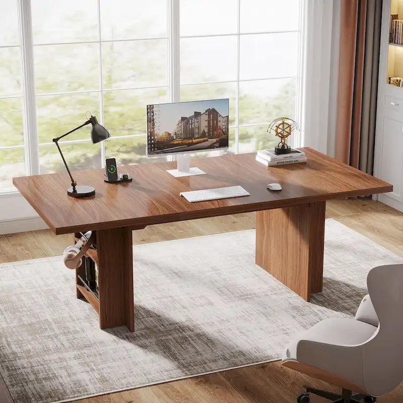 Vintage Brown 63" Executive Desk with Storage Shelves, Seats 4–6