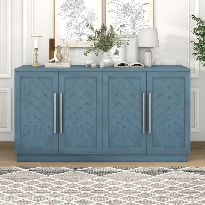 Black / Antique Blue / White 4-Door Sideboard Buffet Cabinet
