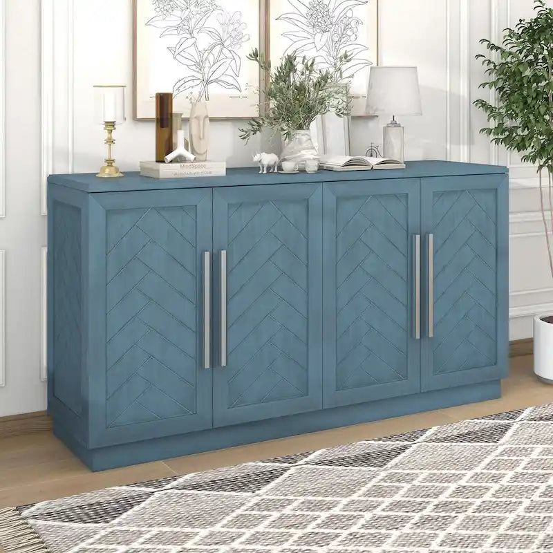 Black / Antique Blue / White 4-Door Sideboard Buffet Cabinet