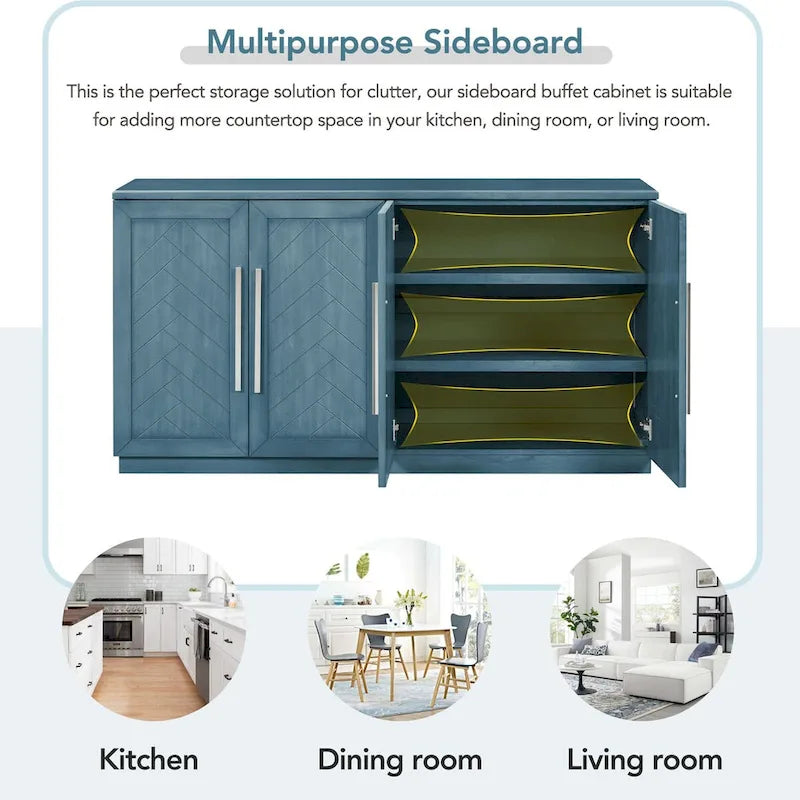 Black / Antique Blue / White 4-Door Sideboard Buffet Cabinet