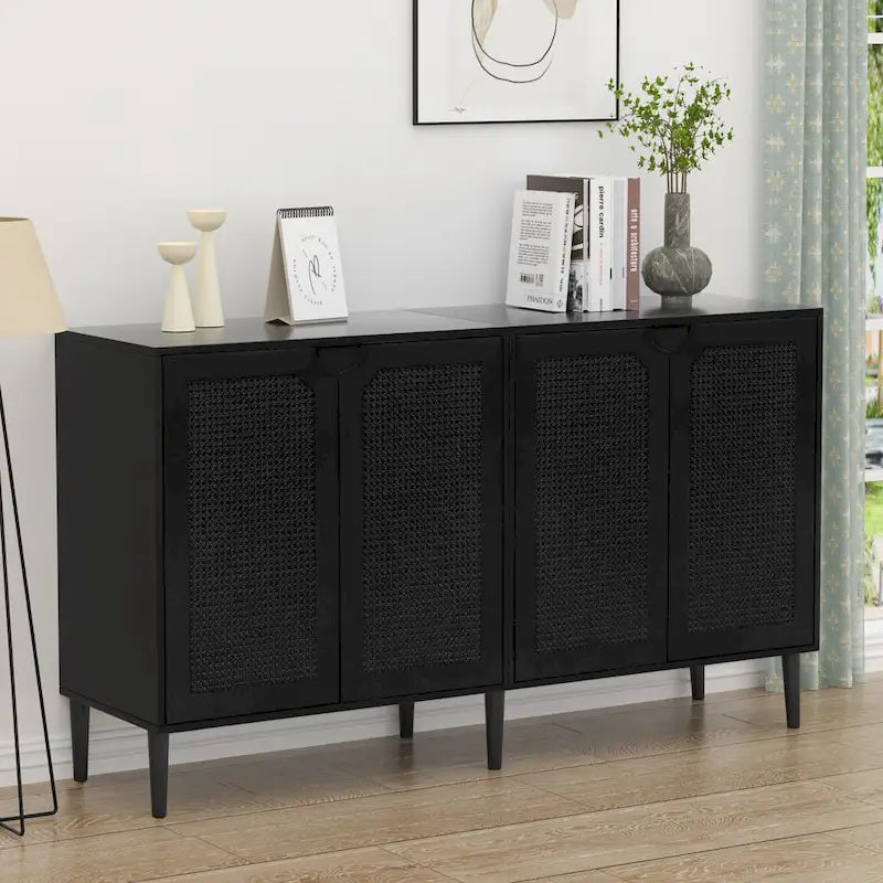 Black Rattan 4-Door Buffet Sideboard – Farmhouse Style