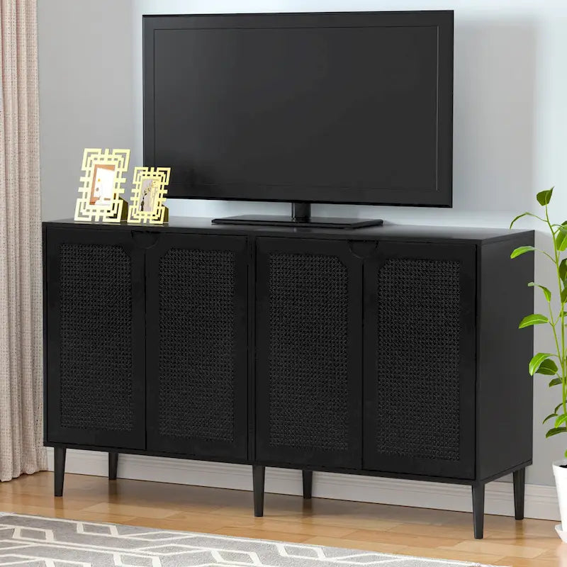 Black Rattan 4-Door Buffet Sideboard – Farmhouse Style