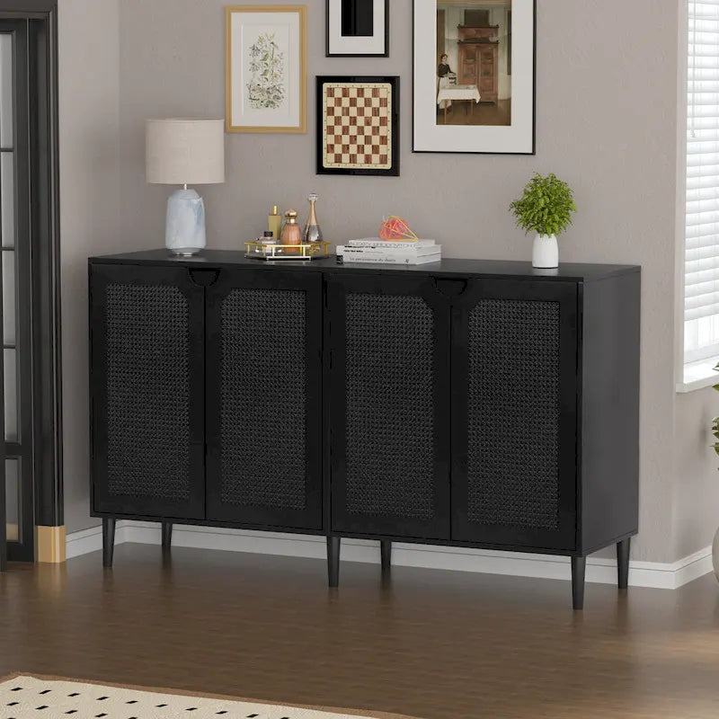 Black Rattan 4-Door Buffet Sideboard – Farmhouse Style