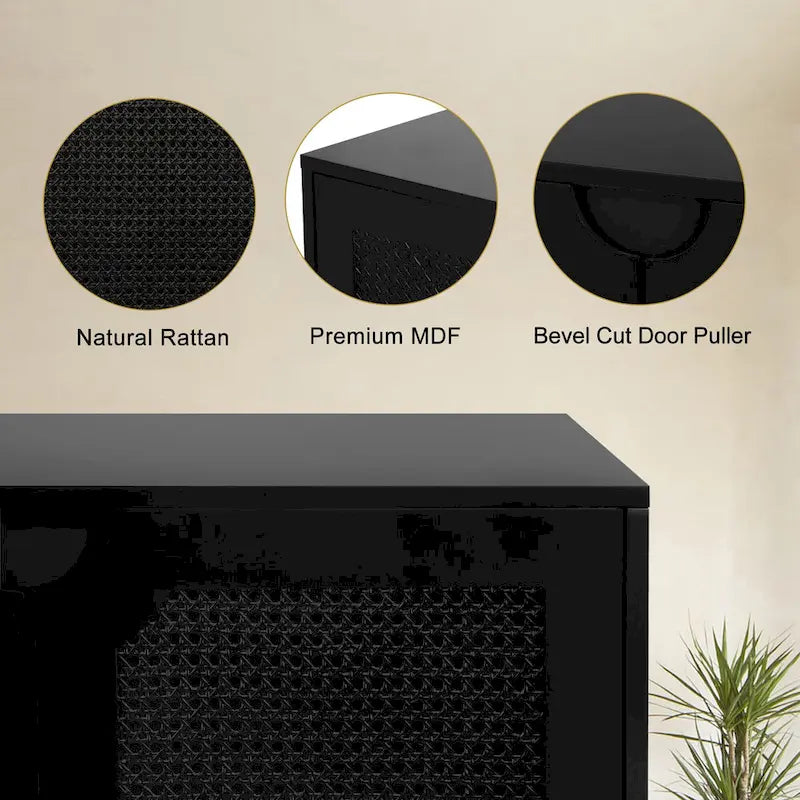 Black Rattan 4-Door Buffet Sideboard – Farmhouse Style