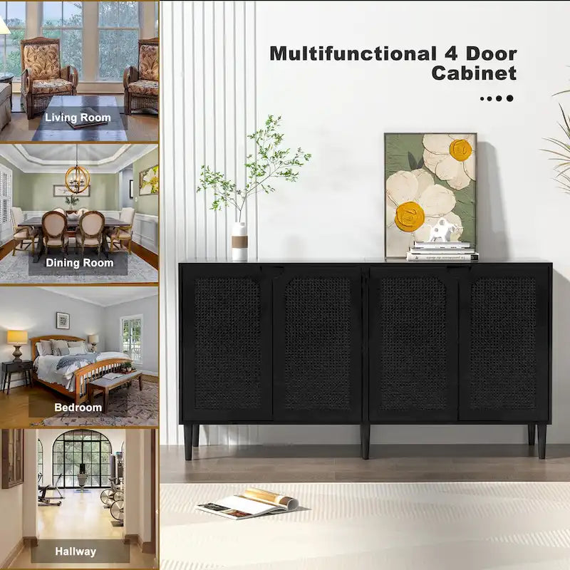 Black Rattan 4-Door Buffet Sideboard – Farmhouse Style