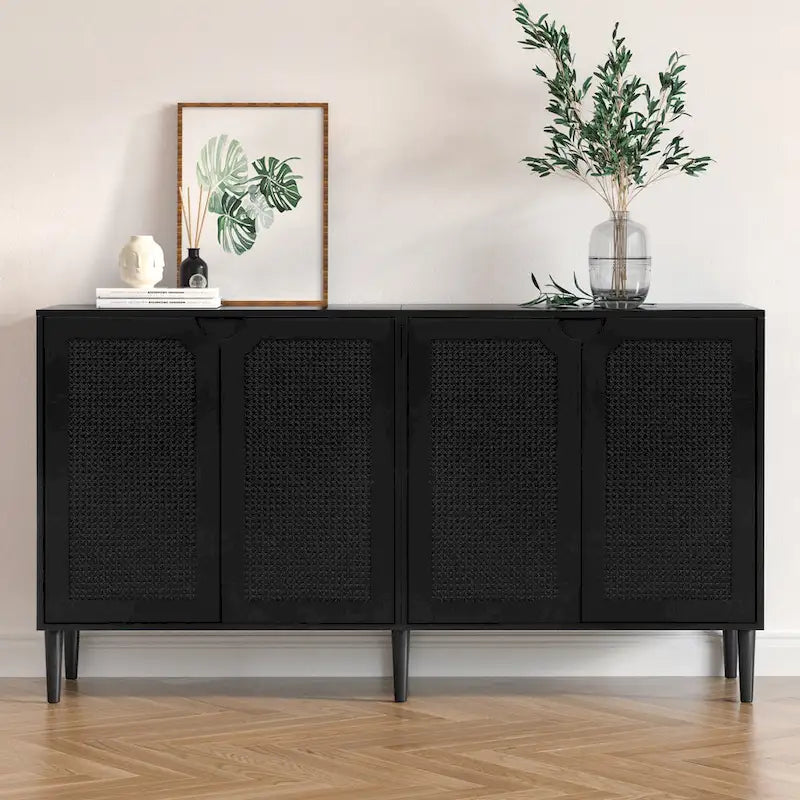 Black Rattan 4-Door Buffet Sideboard – Farmhouse Style