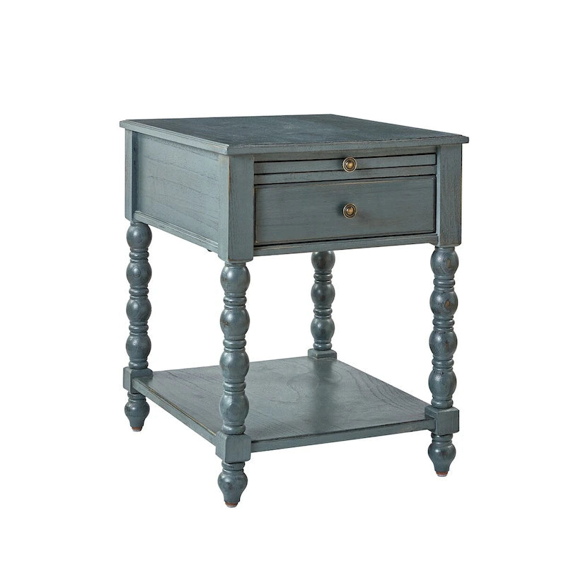 Blue / Walnut / Charcoal Solid Wood End Table with USB & Outlets – 1-Person