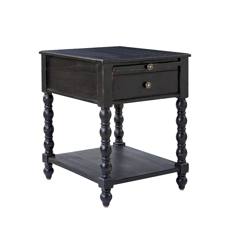 Blue / Walnut / Charcoal Solid Wood End Table with USB & Outlets – 1-Person
