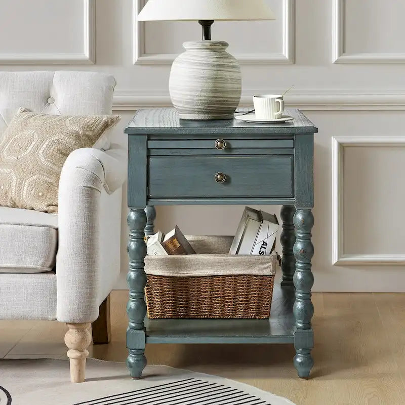 Blue / Walnut / Charcoal Solid Wood End Table with USB & Outlets – 1-Person