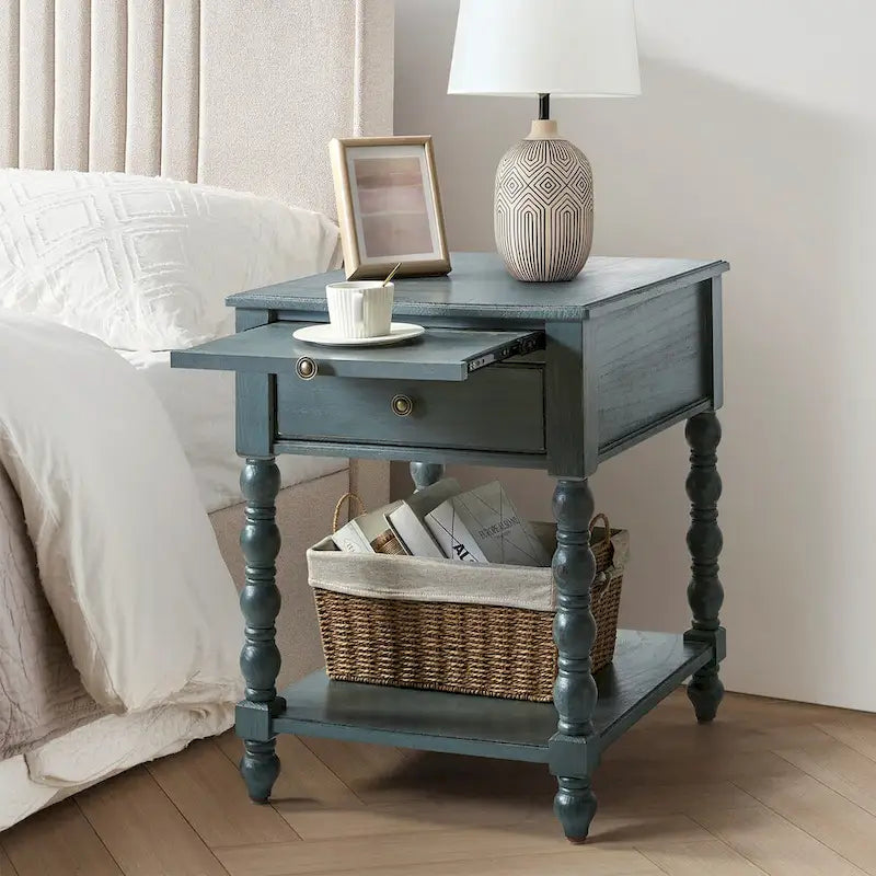 Blue / Walnut / Charcoal Solid Wood End Table with USB & Outlets – 1-Person