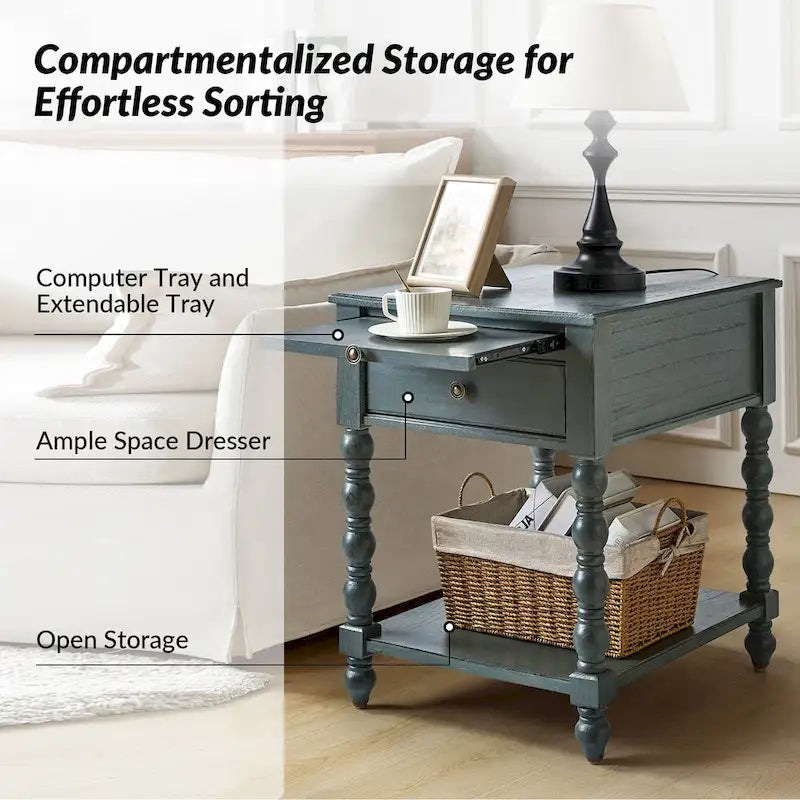 Blue / Walnut / Charcoal Solid Wood End Table with USB & Outlets – 1-Person