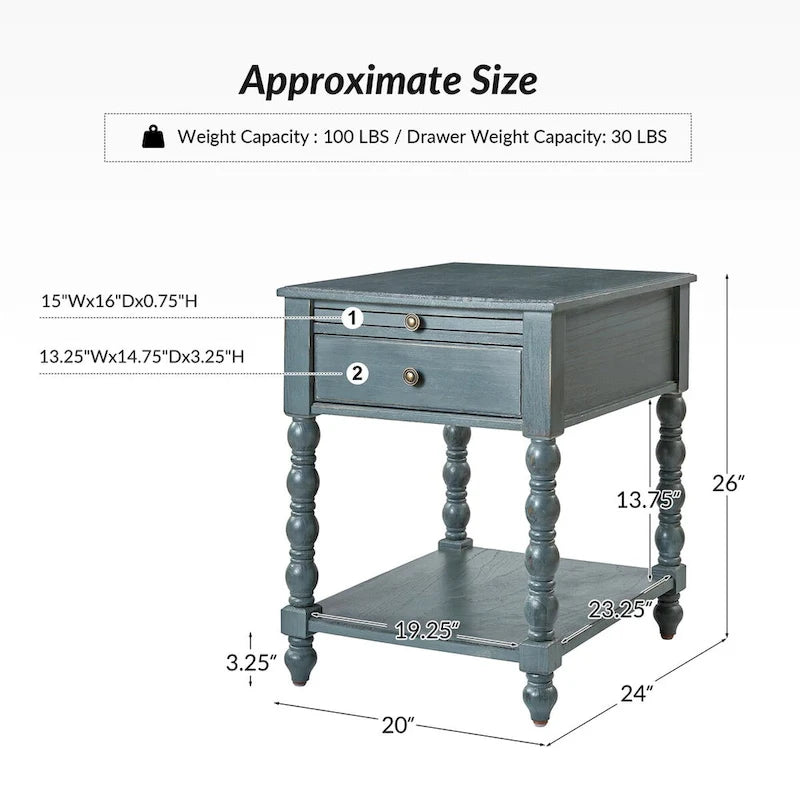 Blue / Walnut / Charcoal Solid Wood End Table with USB & Outlets – 1-Person