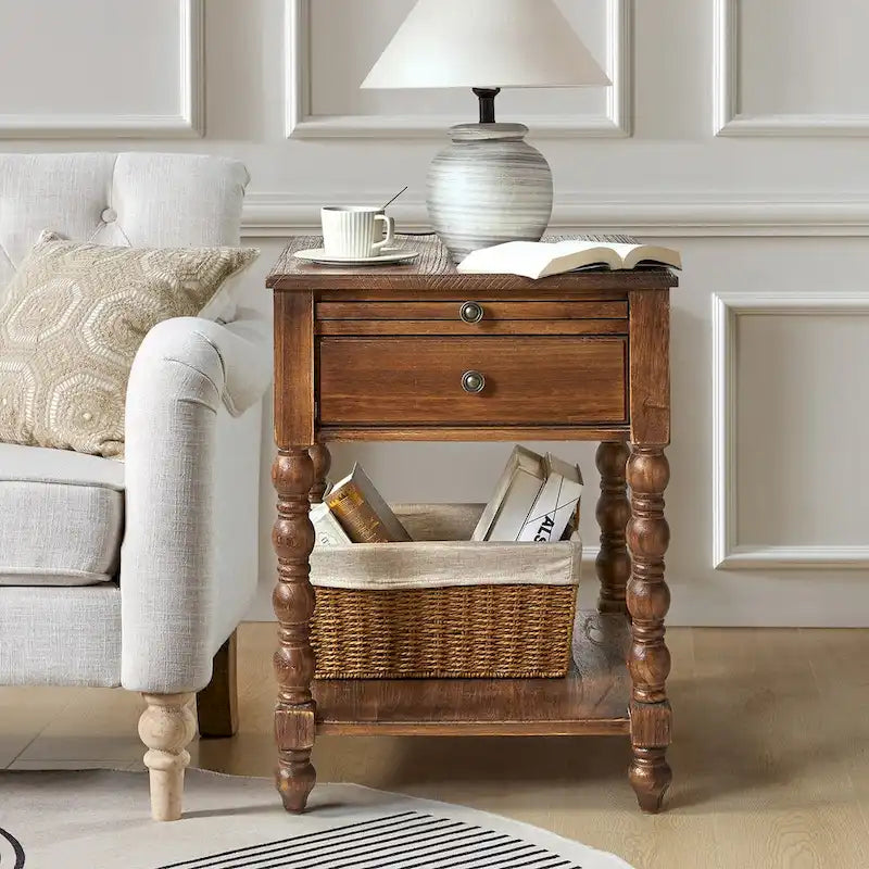 Blue / Walnut / Charcoal Solid Wood End Table with USB & Outlets – 1-Person