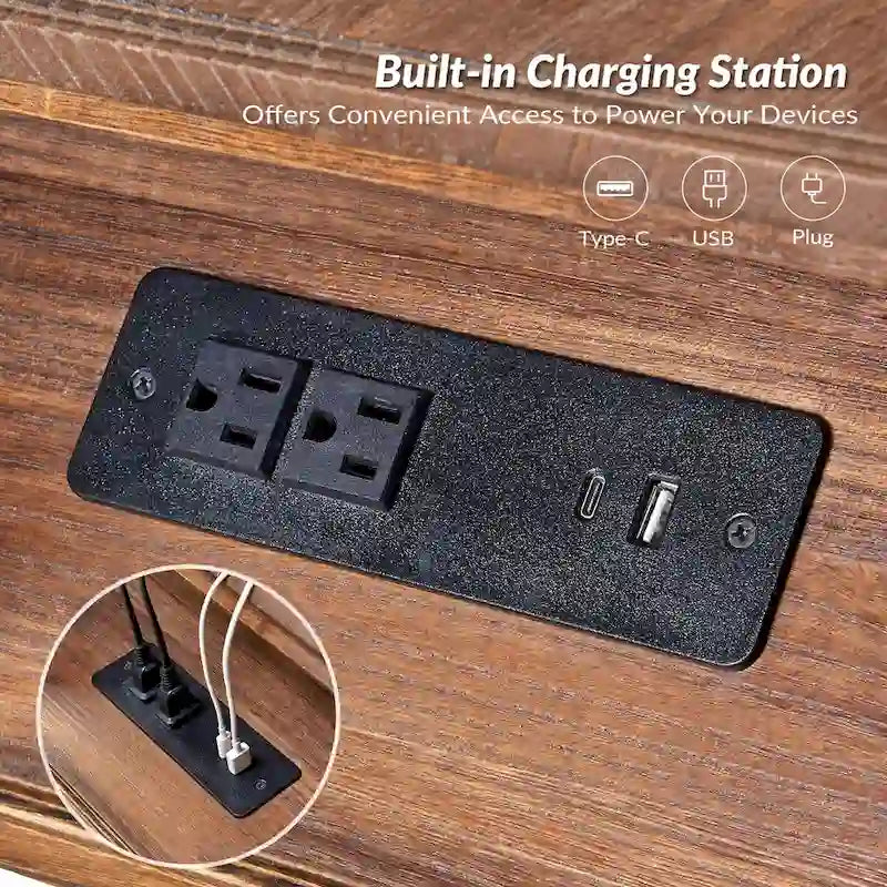 Blue / Walnut / Charcoal Solid Wood End Table with USB & Outlets – 1-Person
