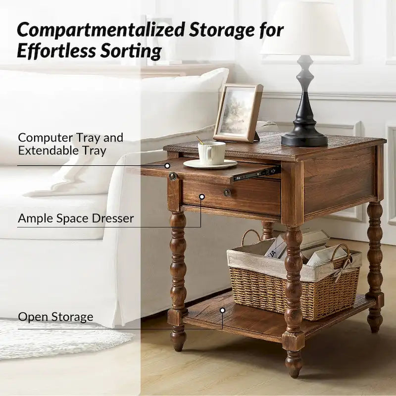Blue / Walnut / Charcoal Solid Wood End Table with USB & Outlets – 1-Person