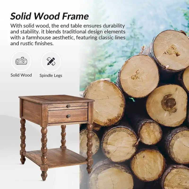 Blue / Walnut / Charcoal Solid Wood End Table with USB & Outlets – 1-Person