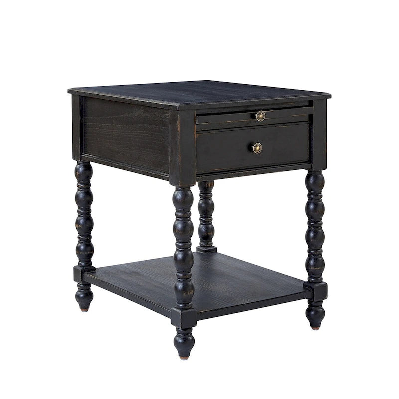 Blue / Walnut / Charcoal Solid Wood End Table with USB & Outlets – 1-Person