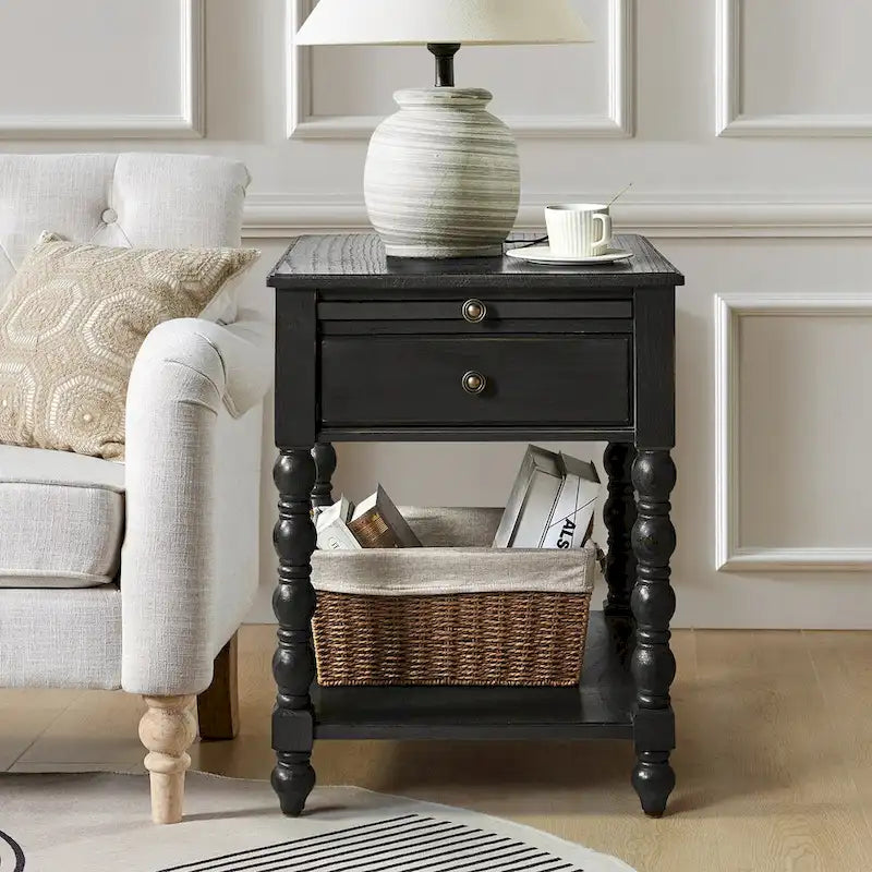 Blue / Walnut / Charcoal Solid Wood End Table with USB & Outlets – 1-Person