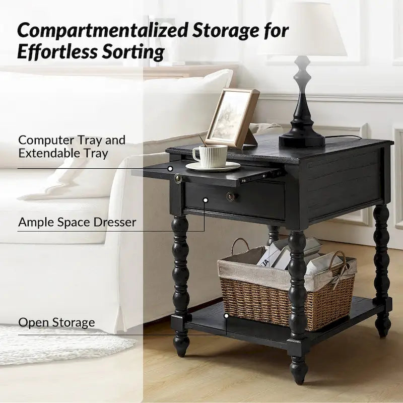 Blue / Walnut / Charcoal Solid Wood End Table with USB & Outlets – 1-Person