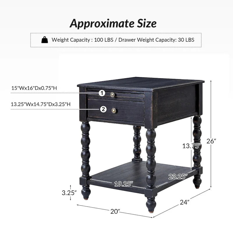 Blue / Walnut / Charcoal Solid Wood End Table with USB & Outlets – 1-Person