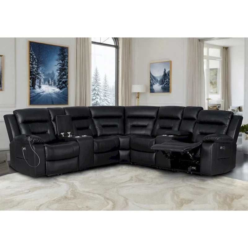Black / Grey L-Shaped Power Reclining Sectional Sofa, 5-Seat