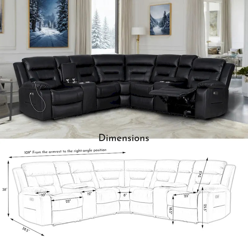 Black / Grey L-Shaped Power Reclining Sectional Sofa, 5-Seat