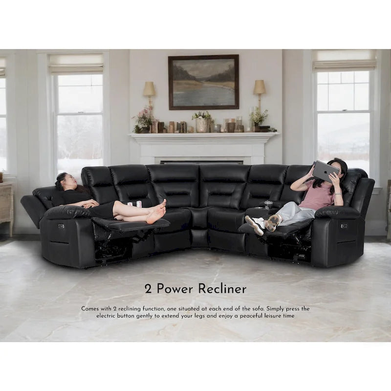 Black / Grey L-Shaped Power Reclining Sectional Sofa, 5-Seat