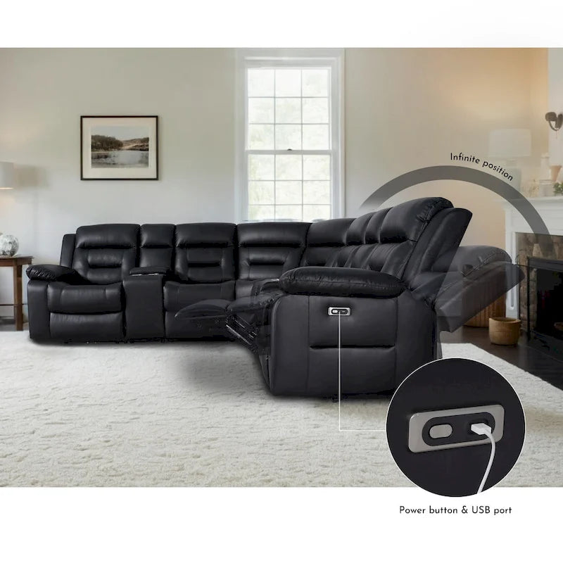 Black / Grey L-Shaped Power Reclining Sectional Sofa, 5-Seat