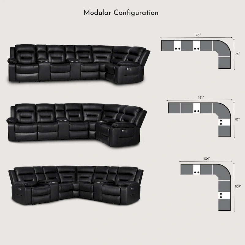 Black / Grey L-Shaped Power Reclining Sectional Sofa, 5-Seat