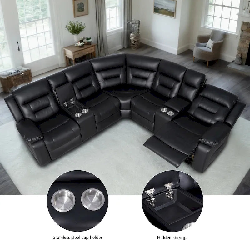Black / Grey L-Shaped Power Reclining Sectional Sofa, 5-Seat