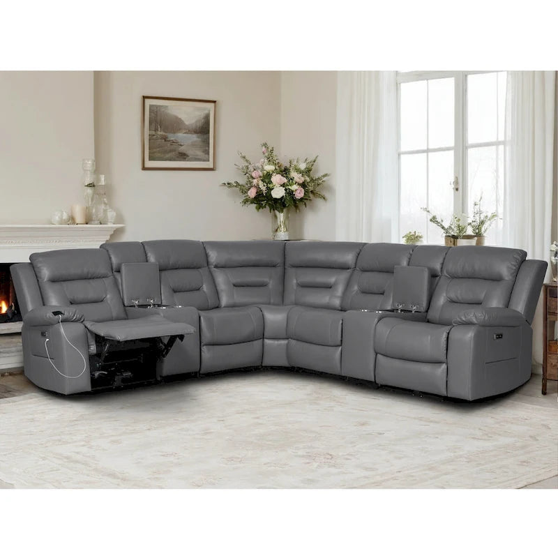 Black / Grey L-Shaped Power Reclining Sectional Sofa, 5-Seat