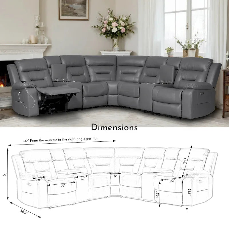 Black / Grey L-Shaped Power Reclining Sectional Sofa, 5-Seat