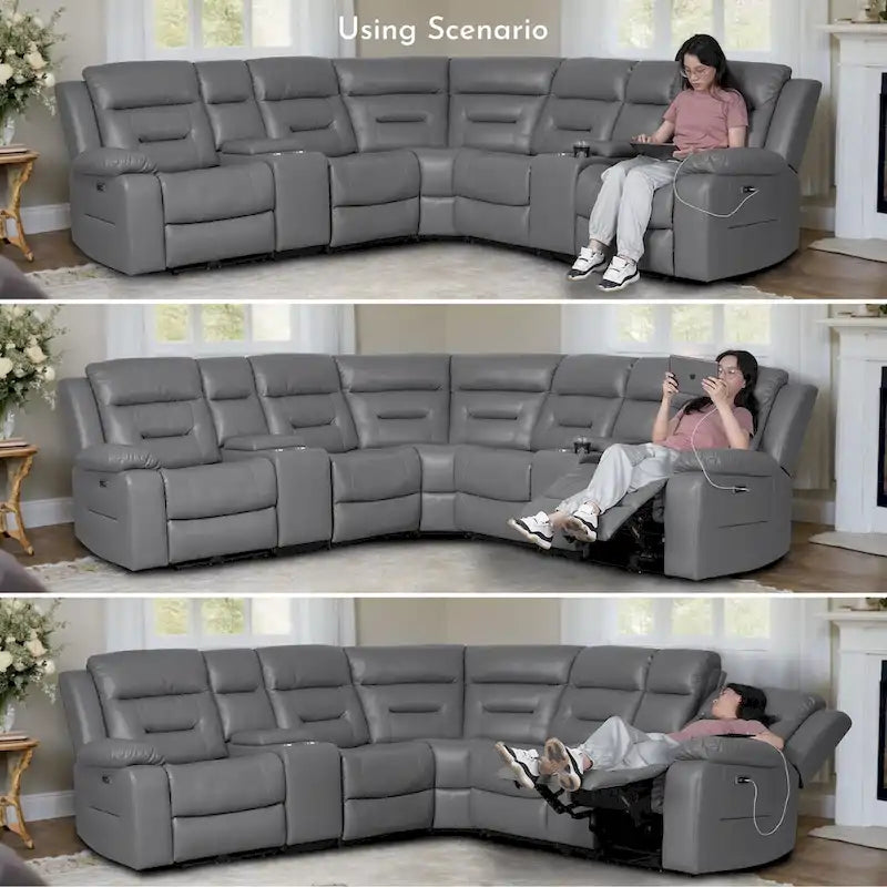 Black / Grey L-Shaped Power Reclining Sectional Sofa, 5-Seat