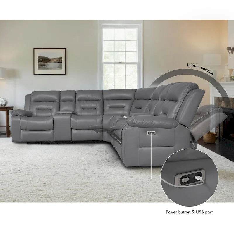 Black / Grey L-Shaped Power Reclining Sectional Sofa, 5-Seat
