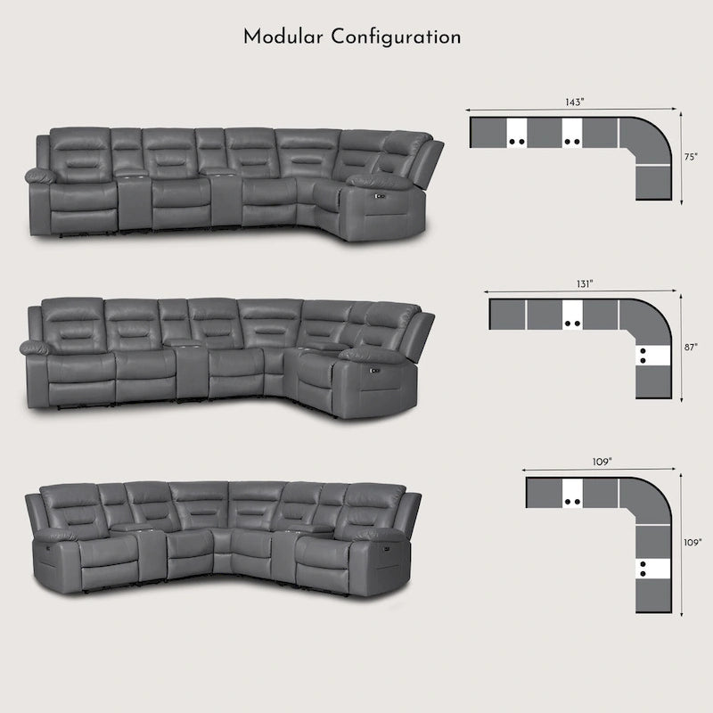 Black / Grey L-Shaped Power Reclining Sectional Sofa, 5-Seat